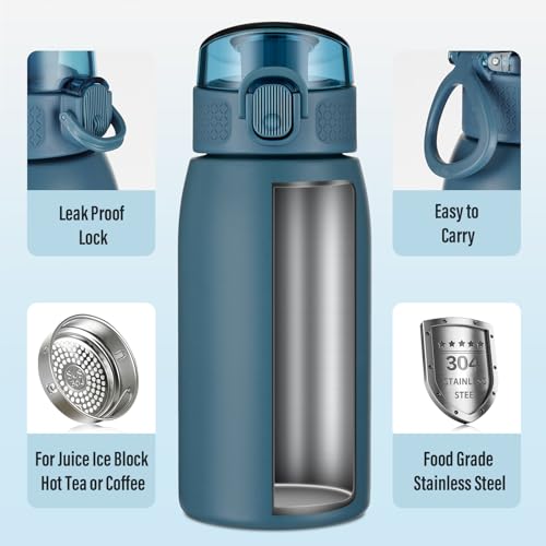 Image of Insulated Water Bottle 12 oz with Dustproof Lid, Carry Handle & Tea Infuser, BPA-Free & Leakproof, Stainless Steel Water Bottles Ideal for Fitness, Hiking, Office & Outdoor Use (Navy Blue )