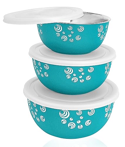 Image of Microsafe Stainless Steel Mixing Bowl Set with Lids - 3-Piece Nesting Bowls for Kitchen Prep, Serving & Food Storage (500ml, 750ml, 1250ml) (3 Turquoise Spiral)