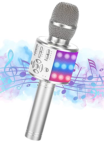 Ankuka Microphone Bluetooth sans fil pour karaoké pour Android/iOS, avec fonction d'enregistrement, lumières LED dansantes - Portable, argent