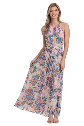 Image of London Times Women's London Times Mesh Halter Maxi Dress with Ruched Waistband Flowy Bohemian Beach Dresses