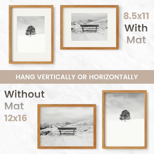 Image of 12x16 Picture Frame, USA-Sourced Natural Teak Wood Photo Collage Frame with HD Tempered Glass, Modern Simple 12 x 16 Wooden Frame Matted to 8.5x11, Vertical & Horizontal Wall Hanging Display