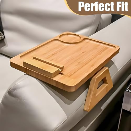 Bandeja multifuncional compacta de bambú y mesa auxiliar plegable para brazo de sofá 5