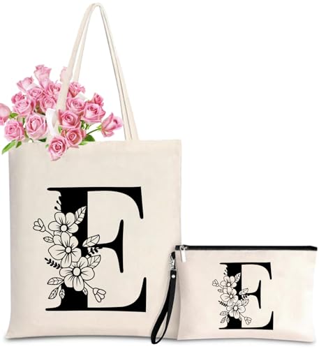 Personalized Initial Tote Bag for Women - Monogrammed Bags with Makeup Gift Bag for Wedding, Birthday, Teacher, Mother's Day