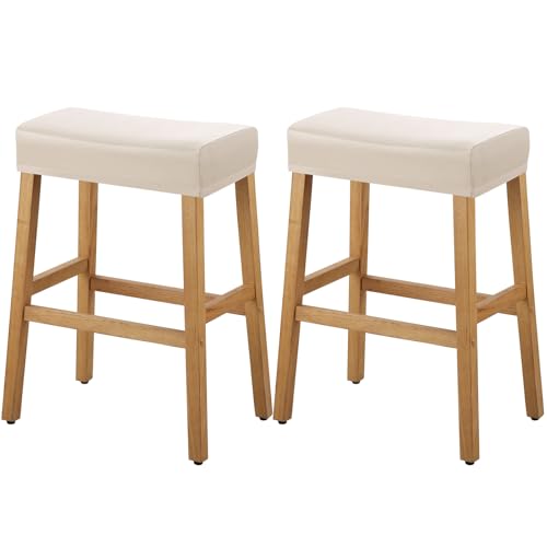 Image of YISUN Stool Covers Rectangle - 2 Pack Stretch Waterproof Saddle Seat Cover Counter Bar Stools Bar Chairs Covers Kitchen Island Chairs Cushion Protector (2, Pu Leather-Beige)