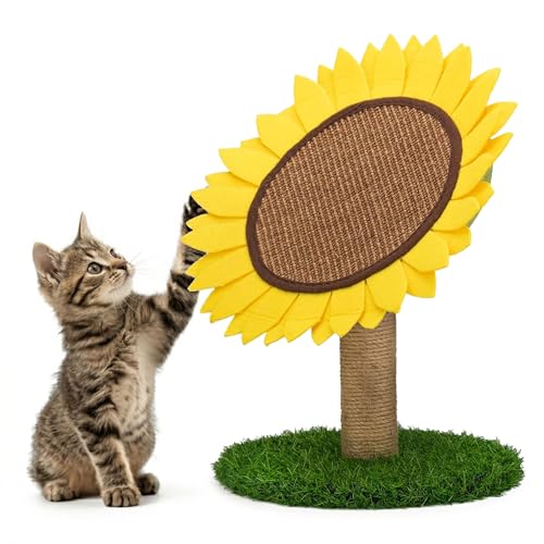 AQPET Tiragraffi Sunflower Girasole 50 cm con Cuccia per Gatti Albero Parco Giochi Gioco Tira Graffi per Gatto, Giallo