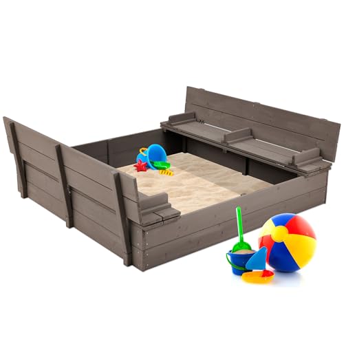 Best Choice Products Kids' Outdoor Wooden Sandbox Large, Cedar Wood with Foldable Bench Seats and Sand Protection, Bottom Liner Included - Gray