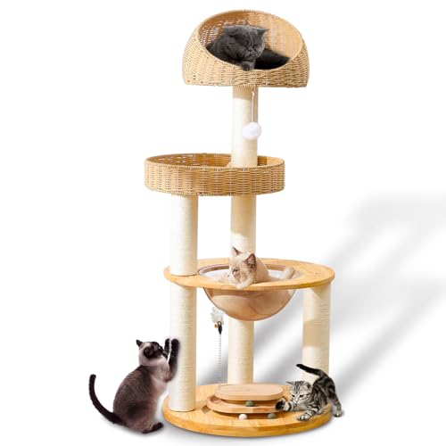 Large Cat Tree for Multiple Cats, Handmade with Natural Materials, Thick Scratching Posts, Stable & Sturdy Wooden Cat Scratcher, Stylish Nordic Design for Climbing & Play