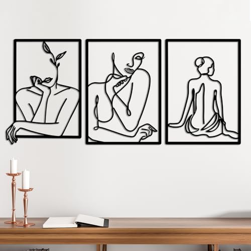 3Pcs Decoracion Pared Metal, Decoracion Pared Salon Wall Art, Silueta Femenina Abstracta Quadros Decoração de Alambre, Negro Decoracion pared Dormitorio para Sala de Estar Dormitorio Cuarto de Baño