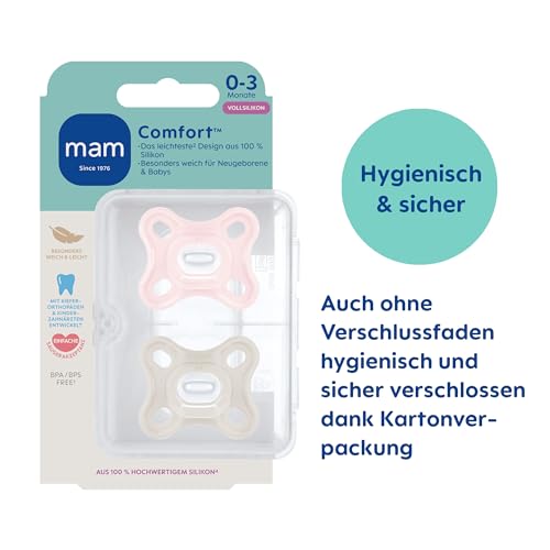 MAM Comfort Schnuller | 0-3 Monate | Schnuller für Frühgeborene und Neugeborene | stillfreundlicher Babyschnuller | besonders klein & leicht | extra sanft | 100% Silikon | rosa/beige | 2 Stück 2