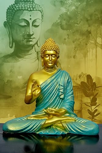 Image of Beautiful Sitting Buddha Idol Statue for Home & Garden Living Room | Healing Spirit Blessing Buddha Statue - 15 Inch Size (Sea Green + Golden)