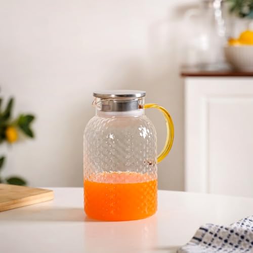 Image of Nestasia Transparent Glass Jug with Steel Lid (1250 ml) - Dishwasher & Microwave Safe Carafe with Dual Opening Strainer Lid - Tall Textured Glass Pitcher for Water, Juice, Hot & Cold Beverages