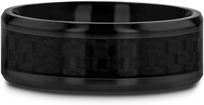 OXYN Black Titanium Polished Beveled Edges Black Carbon Fiber Inlaid Men’s Wedding Band - 6mm & 8mm - Image 3
