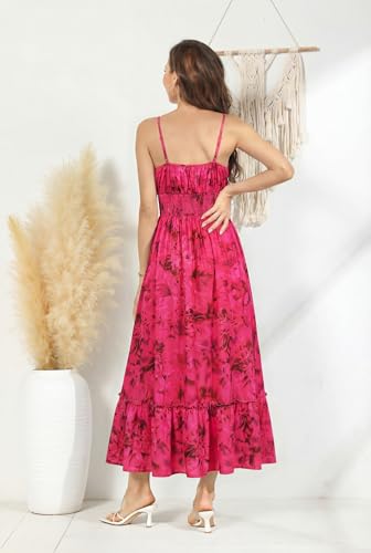 GRACE KARIN Summer Dresses for Women 2026 Vacation,Smocked Floral Maxi Dresses,Boho Beach Long Sundress Rose Red XL — view 4