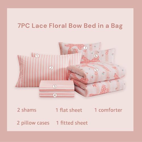 Image of Full Size Comforter Set for Girls Lace Floral Bow 7 Pieces Bed in a Bag