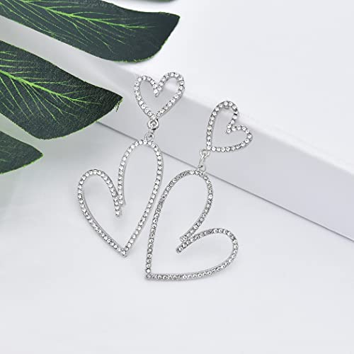 Rhinestone Love Heart Shaped Earring Stud Dangle For Women Girls Jewelry Gift Date Engagement Anniversary(Silver) #TOP4