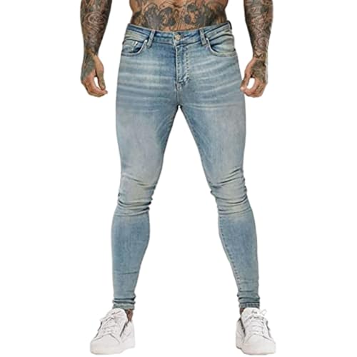 Jeans Pants Trousers Denim Street Trendy Washed Blue Grinding White Elastic Slimming Casual Small Leg for Men