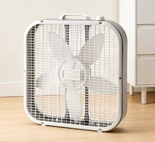 White 20-inch classic box fan with weatherproof motor, 3 wind speed settings, 22.5 inches tall, easy to carry, aesthetically pleasing, and very durable.