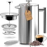 KICHLY French Press Coffee Maker, 1 Litre (8 Cups) Double Wall Stainless Steel Cafetiere, Silver – Insulated Coffee Press (Pack of 1)