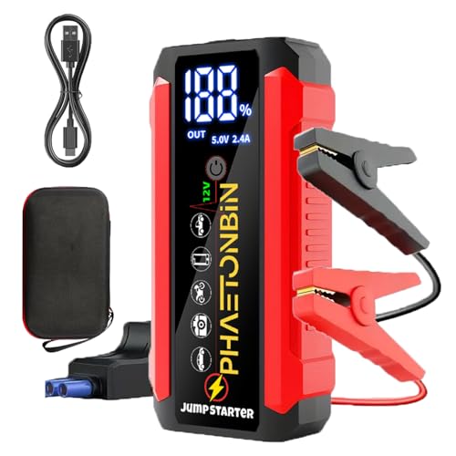 PHAETONBIN Arrancador de coche de 1500 A, paquete de batería de arranque para motores de gasolina de hasta 7.0 L y diésel de 3.5 L, amplificador de batería portátil de 12 V con pantalla LCD completa