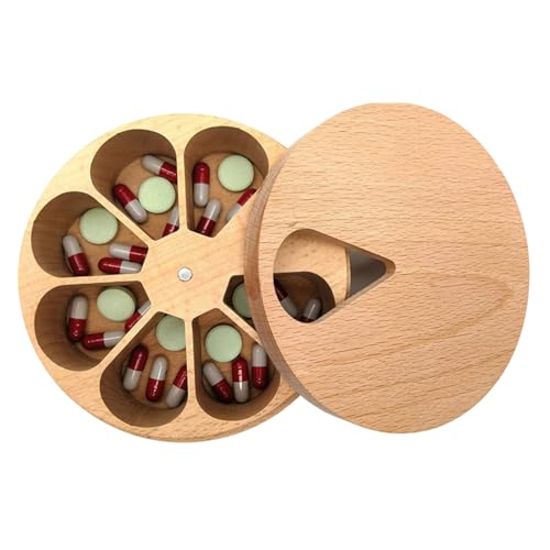 Récipient à épices cuisine ou pilulier semainier rond en bois 7 jours polyvalent