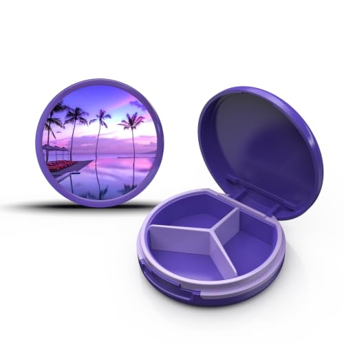 Image of Serfeymi Small Pill Case for Purse, Unique Artistic Patterns Travel Pill Box with 3 Compartments, Portable Mini Pill Organizer for Pocket, Decorative Pill Container for Purse - Purple(Coast)