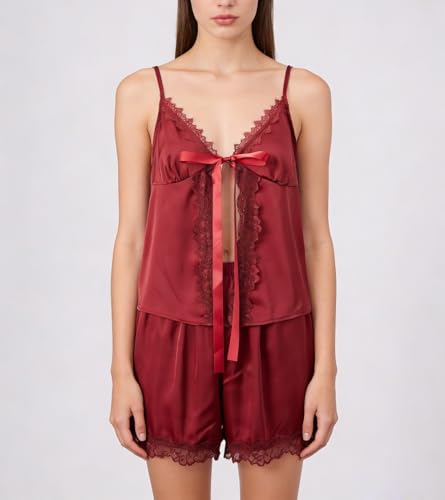 Image of ROAONOCOMO Women Lace Trim Pj Shorts Set Square Neck Coquette Tank Top Silk Satin Pajama Set Babydoll 2 Piece Shorts Outfit