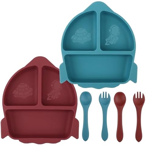 Qshare 6 Pcs Suction Plates for Baby,Toddler Divided Plates with Fork and Spoon, Silicone Baby Plates,Non-Slip,Baby Supplies,Microwave & Dishwasher Safe (Red + Blue) Cover