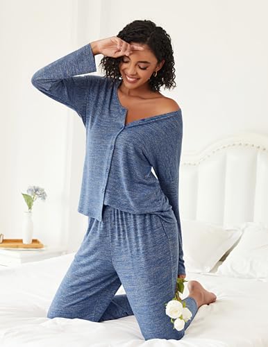 Ekouaer Womens Pajama Sets Button Up Long Sleeve Lounge Set Soft V Neck Pj | Elastic Waist Pants with Side Pockets, Fall Winter Sleepwear for Pajama Party, Maternity, Postpartum - image 5