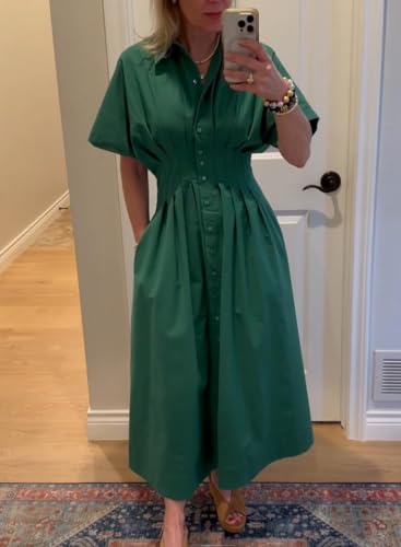 Image of Yeokou Shirt Dress for Women Summer Casual Short Sleeve Button Down Loose Pleated Maxi Sundress with Pockets