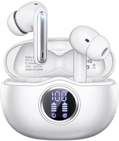 Wireless Earbuds, Bluetooth 5.3 Headphones HiFi Stereo 50H Playback LED Digital Display Ear Buds with ENC Noise Canceling Headset, IPX7 Waterproof Earphones for Gym/Running/Work (White)