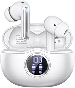 Wireless Earbuds, Bluetooth 5.3 Headphones HiFi Stereo 50H Playback LED Digital Display Ear Buds with ENC Noise Canceling Headset, IPX7 Waterproof Earphones for Gym/Running/Work (White)