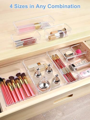 Image of Clear Plastic Drawer Organizers Set, 4-Size Versatile Bathroom and Vanity Drawer Organizer Trays, Storage Bins for Makeup, Bedroom, Kitchen Gadgets Utensils and Office (12 PC NEW SET)