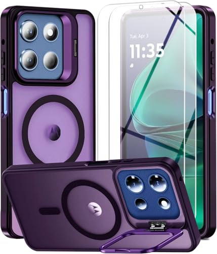 Magnetic Case for Motorola Moto G 5G 2025/ G 5G 2026/ G Play 2026,Moto G 5G 2026 Phone Case with 2X Screen Protector [Built-in Camera Ring Stand][Fit for MagSafe] Translucent Shockproof Cover,Purple
