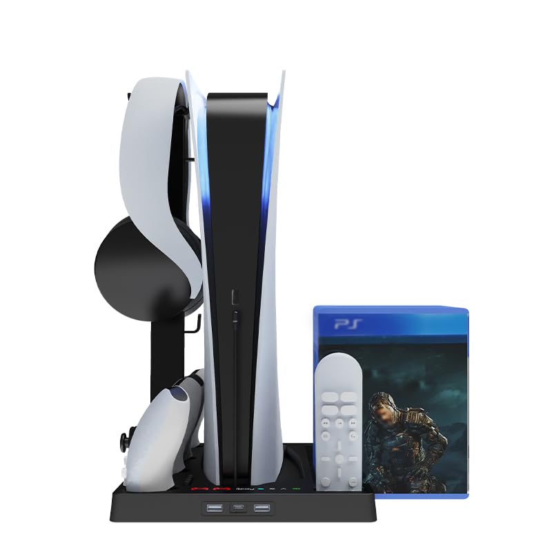 Base di raffreddamento della console per PS5/PS5 Slim, stazione di raffreddamento verticale con supporto per cuffie per il caricatore del controller e la memorizzazione del disco (Nero)
