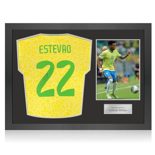 Exclusive Memorabilia Camiseta de Brasil firmada por Estêvão Willian. Marco con Icono