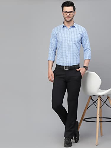 Image of Style Quotient Men Blue Tattersall Checked Polycotton Slim Fit Formal Shirt
