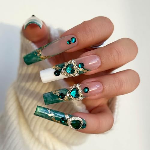 Real Gel Handmade Emerald Marble Halo Luxury Diamond French PressOn Nails Gems Coffin Fake Nails With Designs Glossy False Nails for Women and Girls (Emerald-XS) miniatura 6