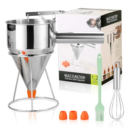 FLKQC 40oz Stainless Steel Pancake Batter Dispenser with Stand and Tools, Great for Pancakes, Cupcake, Candle Wax Pourer, Durable, Leak-Free and Easy to Clean