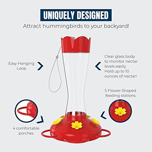 MEKKAPRO Hummingbird Feeders for Outdoors Glass - Red Hummingbird Feeders for Outdoors, Metal Ring, Bee-Proof Design, Easy Assembly, Red Hummingbird Feeder (Classic, 10oz - 2 Pack) - 1