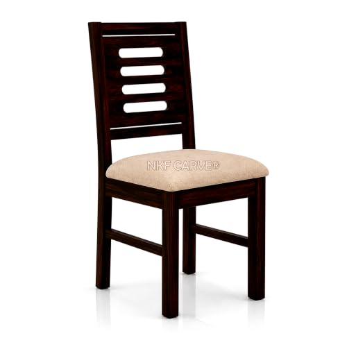 Image of Wooden 4 Seater Dining Set | Solid Sheesham Wood Round Dining Table with Slat Backrest Pattern Cushioned Chairs | Modern & Trending Design for Home & Dining Room | Walnut Finish