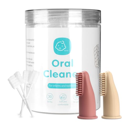 Image of Esonto Baby Tongue Cleaner Toothbrush 30Pcs Disposable Infant Tooth Brush Clean Baby Mouth with 2Pcs Finger Toothbrush Oral Cleaning Stick Gauze Cleaner Stick Dental (Beige, 32 Piece Assortment)