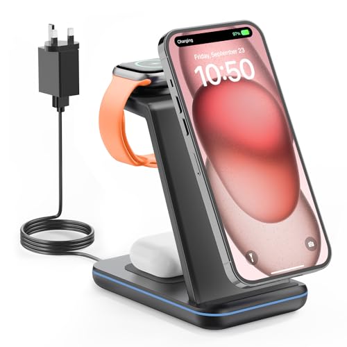 GEEKERA Wireless Charger Stand, 3 in 1 Wireless Charging Station for iPhone 15/14/13/12/11/Pro/Pro Max/XS/XR/X/8, Fast Charging Stand for Apple Watch 2-Ultra, Docking Station for AirPod Pro/3/2-Black