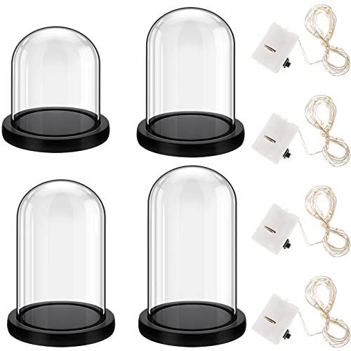 4 Pcs Clear Glass Dome Cloche With Led Fairy Light And Wood Base Set, Battery Operated Glass Cloche Glass Dome With Base Tabletop Bell Jar Display Case For Office Home Wedding Centerpiece (Black) #TOP30