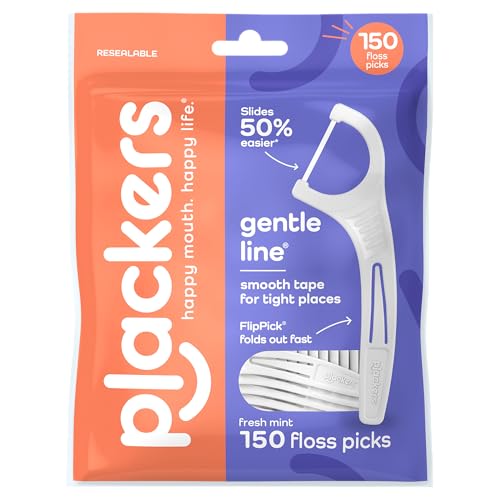 Plackers Gentle Line Floss Picks Super Soft GentleSlide Fiber Made Without PTFE Slides Easily Between Teeth Fresh Mint 150 Count