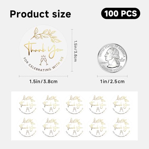 100 PCS Gold Foil Transparent Wedding Stickers – Round “Thank You for Celebrating with Us” Favor Labels – Clear Foil Wedding Seal Tags for Invitations, Party Gifts & Decor, 1.5