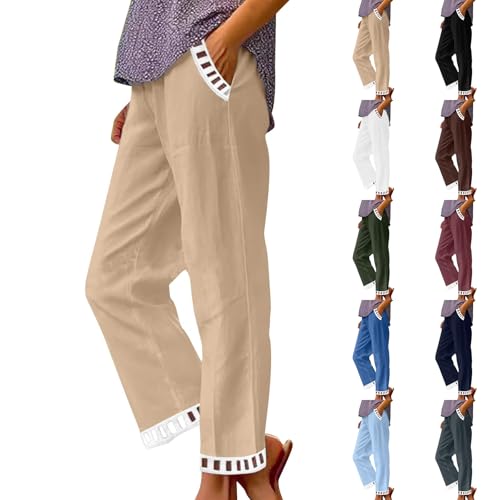 Image of Linen Pants Women Petite Straight Leg Pants Summer Beach High Waisted Pant Vacation Wide Leg Trousers with Pockets