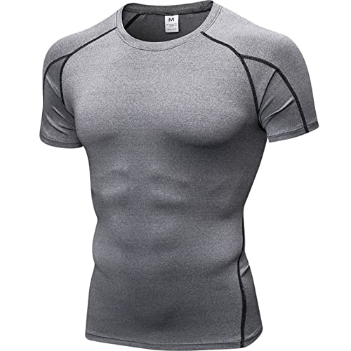 YSERB Men's Compression Shirts Short Sleeve Athletic Workout T-Shirt Cool Dry Running Swimming Tee Shirts All-Day Comfort Gray