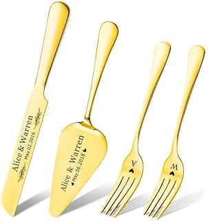 Personalized Wedding Cake Knife and Server Set, Custom Cake Cutting Set for Wedding, Gold Cake Knife Set Stainless Steel, Customized Gifts for Weddings, Engagements, Anniversaries, Birthday(Gold)