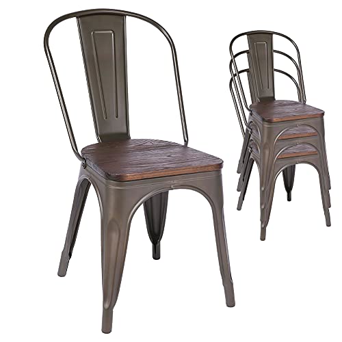 H Jinhui Metal Dining Chairs With Wooden Seat Stackable High Back Trattoria Chair Chic Dining Bistro Cafe Side Metal Chairs Set Of 4 Bronze #TOP2