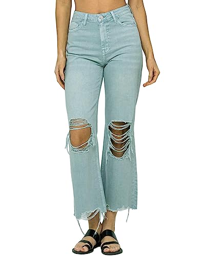 VERVET by Flying Monkey Distressed Cropped Flare Jeans Sage Blue High-Waist2